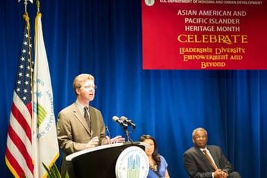 Asian American and Pacific Islanders (AAPI) Heritage event at HUD headquarters, with Hawaii Senator Daniel Inouye and Washington, D.C. television news anchor Eun Yang [among the guest speakers,] and Secretary Shaun Donovan and Deputy Secretary Ron Sims [among the HUD senior officials on hand]