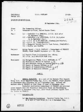 USS Portland - Rep of the Bombardments of Peleliu Is, Palau Is, 9/11-29/44 including A A Act