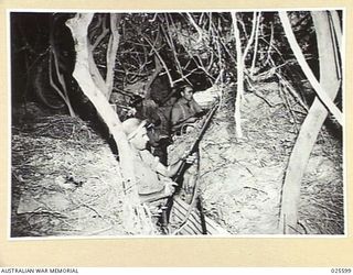 PORT MORESBY, PAPUA. 1942-07. AUSTRALIAN SOLDIERS AT THEIR POSTS IN TRENCHES DUG IN DENSE NEW GUINEA BUSH