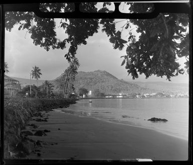 Apia waterfront, Upolu, Samoa, showing beach, palm trees and buildings