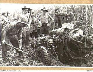 RAMU VALLEY, NEW GUINEA. 1943-11-26. A LIGHT 25 POUNDER GUN OF NO. 8 BATTERY, 2/4TH AUSTRALIAN FIELD REGIMENT BADLY BOGGED IN SWAMPY GROUND IN THE KESAWAI AREA. SHOWN ARE: GUNNER HEAD (1); QX5705 ..