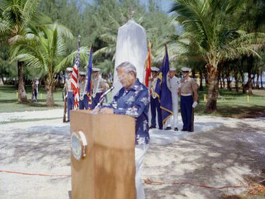 The honorable Ricardo J. Bordallo, governor of Guam, speaks at the Congressional Medal of Honor Monument dedication ceremony. The monument was erected to honor four Marines for heroism during World War II. They are Captain Louis Wilson, Jr., Private First Class (PFC) Leonard Mason, PFC Luther Skaggs and PFC Frank Witek