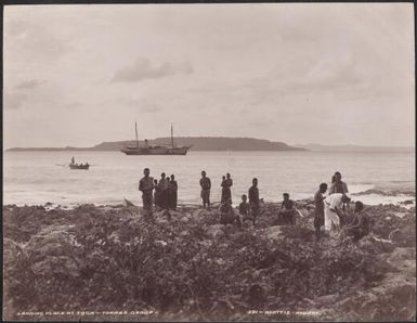 People at the landing place of Toga and the Southern Cross in background, Torres Islands, 1906 / J.W. Beattie