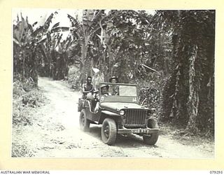 MELKONG RIVER, NEW BRITAIN. 1945-02-20. PERSONNEL OF THE 28TH MALARIA CONTROL UNIT MOVING OUT FROM THEIR CAMP IN THE UNIT JEEP. IDENTIFIED PERSONNEL ARE:- NX115920 CORPORAL C.E. SULLIVAN (1); ..