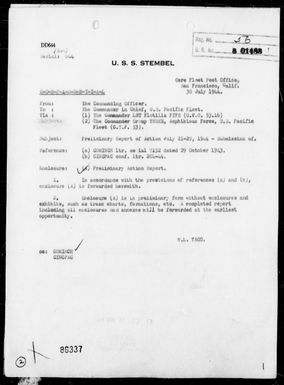 USS STEMBEL - Rep of Ops, Period 7/21-29/44 - Invasion of Guam Is, Marianas