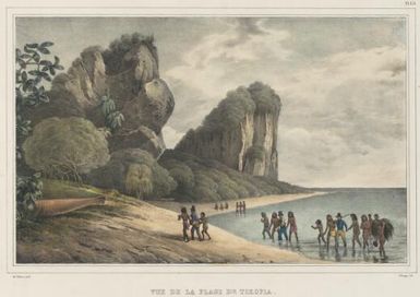 Vue de la plage de Tikopia / de Sainson pinxt.; Js. Arago lith