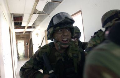 US Air Force (USAF) SENIOR AIRMAN (SRA) Elias Guereca, 613th Contingency Response Group (CRG), Security Forces Squadron (SFS), verbally communicates with his team members while performing a simulated attack on an urban terrorist target during a Special Reaction Team (SRT) Exercise held in the jungles of Guam. The SRT Exercise consists of Military Operation Urban Terrain (MOUT) training, sniper training, navigation training, and breaching techniques. The 613th CRG conducts these exercises twice a month