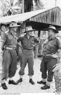 SIAR-NAGADA, NEW GUINEA. 1944-09-08. QX47482 MAJOR C.H. BICKS, DSO, SECOND IN CHARGE (1) VX5172 LIEUTENANT-COLONEL W.R. DEXTER, DSO, COMMANDING OFFICER (2) AND QX48864 CAPTAIN J.J.S. HOBBS, ..