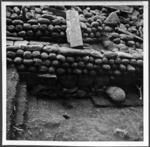 Backwall of ahu, base and fill beneath wall, taken face on. Coastal marae site 129.