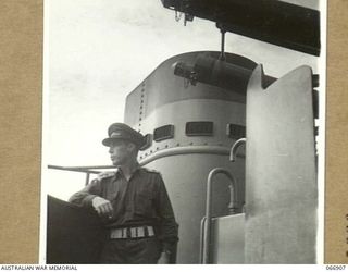 NEW GUINEA. 1944-06-15. NX178001 LIEUTENANT D.R. ANGUS, SKIPPER OF THE AB442 A VESSEL OF THE 12TH WATER TRANSPORT OPERATING COMPANY