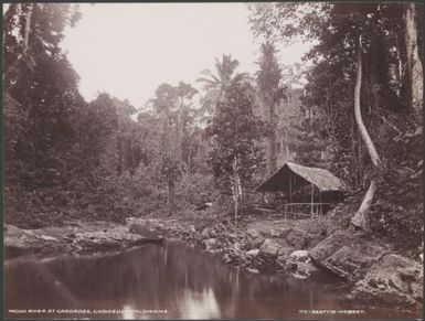 Canoe house at Pachu River near the cascades, Choiseul, Solomon Islands, 1906 / J.W. Beattie