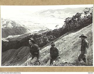 FARIA RIVER AREA, NEW GUINEA. 1943-11-07. TROOPS OF C COMPANY, 2/27TH AUSTRALIAN INFANTRY BATTALION MOVING ALONG A RAZORBACK ON SHAGGY RIDGE. IN THE BACKGROUND ARE THE FARIA RIVER AND THE RAMU ..