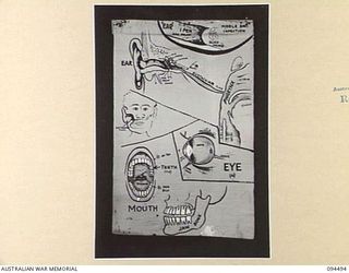 LAE AREA, NEW GUINEA, 1945-08-03. A "PIDGIN" ENGLISH CHART USED FOR THE INSTRUCTION OF NATIVE REGIMENTAL AID POST ORDERLIES. THE PHOTOGRAPH WAS MADE AT THE REQUEST OF HEADQUARTERS AUSTRALIAN NEW ..