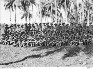 MADANG, NEW GUINEA. 1944-07-01. PERSONNEL OF B COMPANY, 24TH INFANTRY BATTALION. IDENTIFIED PERSONNEL ARE:- VX104420 PRIVATE A.F. CONDRON (1); V127173 PRIVATE W. HOYUNE (2); VX138493 CORPORAL F.W. ..