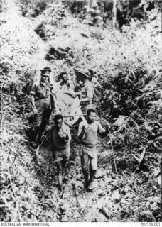 Near Wau, New Guinea. c.1943-03. Indigenous (native) New Guinea stretcher bearers (popularly known as fuzzy wuzzy angels) carry a wounded soldier from 2/7th Infantry Battalion, on a stretcher down ..