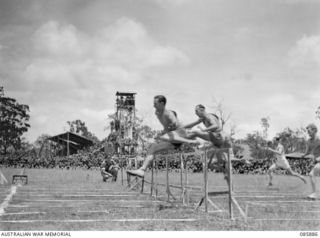 HERBERTON, QLD. 1945-01-20. LANCE BOMBARDIER H T WARHURST, 2/7TH FIELD REGIMENT, (2), CLEARING THE LAST HURDLE TO WIN THE 120 YARDS OPEN HURDLE CHAMPIONSHIP WITH PRIVATE (PTE) ADAIR, 9TH DIVISION, ..