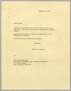 [Letter from Harris L. Kempner to Donald Maclean, March 21, 1964]