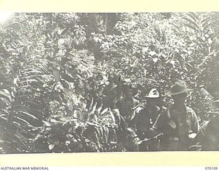 KETOBA, NEW GUINEA. 1944-01-29. MEN OF "B" COMPANY, 57/60TH INFANTRY BATTALION, FULLY EQUIPPED FOR ATTACK ON JAPANESE POSITIONS MOVE ALONG A TRAIL AT THE BOTTOM OF THE ORGORUNA FEATURES, WHICH WERE ..
