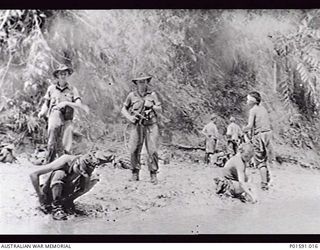 PRINCE ALEXANDER RANGES, NEW GUINEA. 1945-08. MEMBERS OF 2/7TH BATTALION WITH JAPANESE PRISONERS OF WAR. A TOTAL OF FORTY-TWO PRISONERS WERE TAKEN AT THIS TIME WITH THE ASSISTANCE OF THE FAR ..