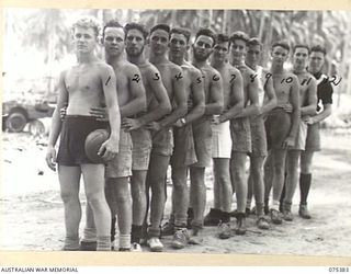 MILILAT, NEW GUINEA. 1944-08-20. MEMBERS OF THE SOCCER FOOTBALL TEAM FROM THE HMAS "MANOORA" WHICH IS TO PLAY A TEAM FROM HEADQUARTERS, 5TH DIVISION DURING AN INTER-UNIT SPORTS MEETING. IDENTIFIED ..