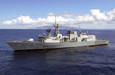 The Royal Canadian Navy (RCN) Halifax Class Frigate Her Majestys Canadian Ship (HMCS) REGINA (FFH 334) heads out to sea to participate in exercise Rim of the Pacific (RIMPAC) 2004. RIMPAC is the largest international maritime exercise in the waters around the Hawaiian Islands. This years exercise includes seven participating nations: Australia, Canada, Chile, Japan, South Korea, the United Kingdom and the United States. RIMPAC enhances the tactical proficiency of participating units in a wide array of combined operations at sea, while enhancing stability in the Pacific Rim region