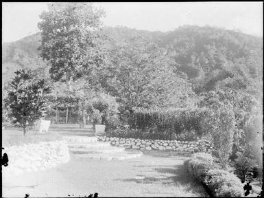 View up side garden, to North Daughter (extinct volcano), Chinnery's garden, Malaguna Road, Rabaul, New Guinea, ca. 1936 / Sarah Chinnery