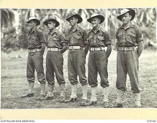 SIAR, NEW GUINEA. 1944-06-22. SERGEANTS OF B COMPANY, 57/60TH INFANTRY BATTALION. IDENTIFIED PERSONNEL ARE:- VX108722 SERGEANT J. TEMPLE (1); V43209 SERGEANT L.C. O'BRIEN (2); VX111926 STAFF ..