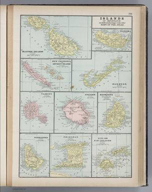 Islands of Importance not delineated at large in the other Maps of the Atlas. Maltese Islands. New Caledonia and Loyalty Islands. Tahiti. Barbadoes. Madeira. Bermuda. Bourbon. Mauritius. Trinidad. Viti or Fiji Islands.