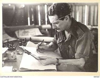 LABU, NEW GUINEA. 1944-12-22. SAPPER D. GORDON, ARTIST AND EDITOR OF BARGING ON, THE 42 LANDING CRAFT COMPANY'S UNOFFICIAL PUBLICATION. HE HAS CREATED ALL ETCHINGS AND PLATES WITH THE USE OF A NAIL ..