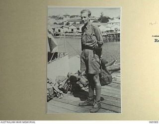 PORT MORESBY, NEW GUINEA. 1942-04-12. NX33449 LIEUTENANT A.G. FISCHER, ROYAL AUSTRALIAN ARTILLERY, 17TH ANTI TANK BATTERY, ONE OF THE EVACUEES, WHO WITH 155 OTHERS, COMPRISING SERVICE PERSONNEL AND ..