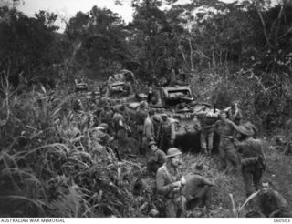 SATTELBERG AREA, NEW GUINEA. 1943-11-17. TANKS OF THE 1ST AUSTRALIAN ARMY TANK BATTALION AND TROOPS OF THE 2/48TH AUSTRALIAN INFANTRY BATTALION WAITING FOR THE ORDER TO BEGIN THE ATTACK ON ..