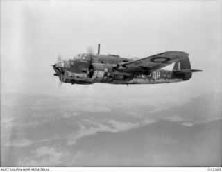 WEWAK AREA, NORTH NEW GUINEA. 1945-01-19. A BEAUFORT BOMBER AIRCRAFT OF NO. 100 SQUADRON RAAF, CODE QH, SERIAL NO. A9-427, IN FLIGHT "ON A BASH" - MISSIONS AND STRIKES MIGHT BE THE CORRECT OFFICIAL ..