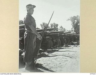 BOUGAINVILLE ISLAND, 1944-11-17. VX73288 GUNNER S.J. KEMP ON GUARD DUTY AT THE GUN PARK OF THE 4TH FIELD REGIMENT