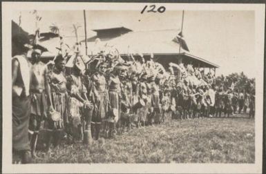 Papuan men with tom toms, ready for a dance, New Britain Island, New Guinea, probably 1916