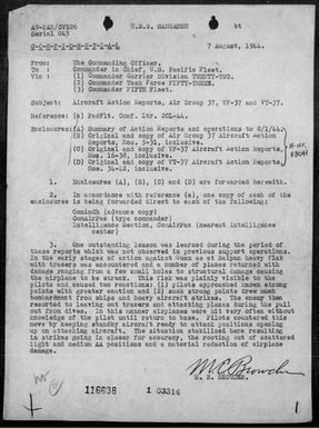 USS Sangamon - Fwding with comment Air Group 37 reps of air ops against Guam Is, Marianas, 7/14-31/44