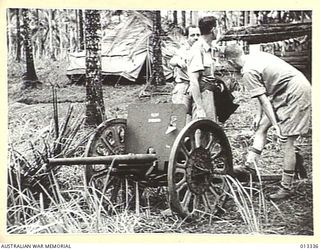 MILNE BAY, PAPUA. 1942-10-01. A LIGHT GUN USED BY THE JAPANESE DURING AN UNSUCCESSFUL ATTACK ON MILNE BAY WHEN THEY WERE REPULSED BY AUSTRALIAN MILITIA FORCES. SQUADRON LEADER K.W. TRUSCOTT OF NO ..