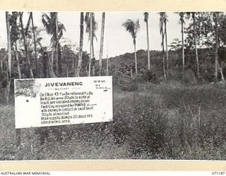 FINSCHHAFEN AREA, NEW GUINEA. 1944-03-17. ONE OF MANY BATTLE SIGNS IN THE AREA, THIS SIGN RECORDS ACTIVITIES OF THE 2/24TH INFANTRY BATTALION OF THE 26TH INFANTRY BRIGADE, AND THE 2/17TH INFANTRY ..