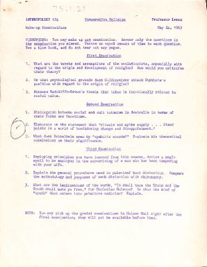 Anthropolgy 124 Comparative religion. Make up examination