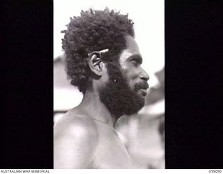 BUKAUA, NEW GUINEA. 1943-10-18. PORTRAIT OF NGAQO, WITH A CIGARETTE BEHIND HIS RIGHT EAR, A VOLUNTEER FOR THE AUSTRALIAN AND NEW GUINEA ADMINISTRATION UNIT LABOUR FORCE