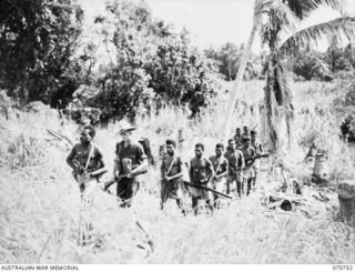 NX23901 Sergeant (Sgt) J F Stone (second from left) of Enmore, NSW, leading a section from A Company, 1st Papuan Infantry Battalion, at the start of a patrol. The Papuan Infantry Battalion troops ..