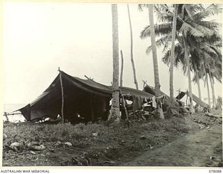 SUAIN PLANTATION, NEW GUINEA. 1944-12-15. BATTALION HEADQUARTERS ON THE EDGE OF THE BEACH IN THE NEW CAMP AREA OF THE 2/4TH INFANTRY BATTALION