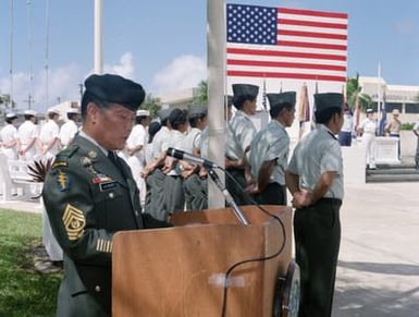 Retired Sergeant Major Salas, US Army, speaks during a Veterans Day memorial service held at Skinner Plaza