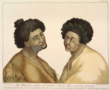 Parkinson, Sydney, 1745-1771 :The head of a native of Otaheite, with the face curiously tataow'd; and the wry manner of defying their enemies as practis'd by the people of that & the neighbouring islands. S. Parkinson del. R. B. Godfrey sc. London, 1784.