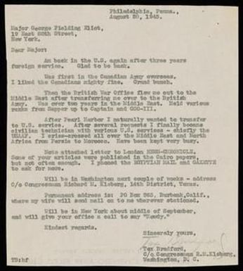 [Letter from Alex Bradford to George Fielding Eliot, August 28, 1943]