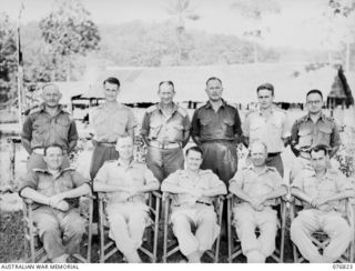 LAE, NEW GUINEA. 1944-11-11. OFFICERS OF THE 112TH CONVALESCENT DEPOT. IDENTIFIED PERSONNEL ARE: NX114729 LIEUTENANT J.N.G. MCDONAGH (1), VX42047 LIEUTENANT K.B.E. RAFF (2), NX125289 CAPTAIN D.H. ..