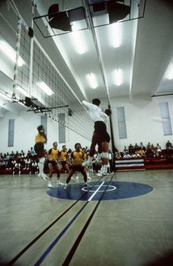 Stephen Yadau of the Air Force team blocks a shot during a game against the Army team, at the Interservice Volleyball Competition. Yadau is from Keesler Air Force Base, Mississippi