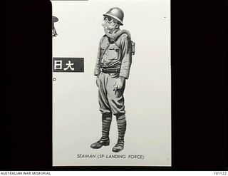 Canberra, ACT. 1960-04-20. Taken at the Australian War Memorial, showing the uniform of a Japanese seaman in the South Pacific Landing Force. The colour of the uniform is Uniform and helmet - light ..