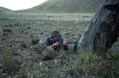 A member of the 45th Support Group fires his M16 rifle from a prone position during the 21st Infantry Division's annual Army training and evaluation program and field training exercise