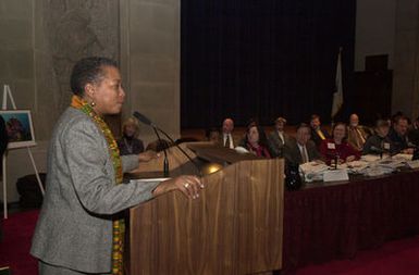 U.S. Virgin Islands Delegate to Congress, Donna Christensen, speaking at meeting of the U.S. Coral Reef Task Force in Washington, D.C. Christensen was among officials from 7 states and territories, 12 federal agencies, as well as the Marshall Islands, Micronesia, and Palau, discussing projects to improve conservation and management of coral reefs, international trade issues, and other matters