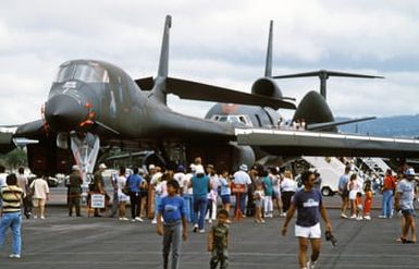 Visitors gather on the flight line to see the B-1B and other aircraft on display during an open house